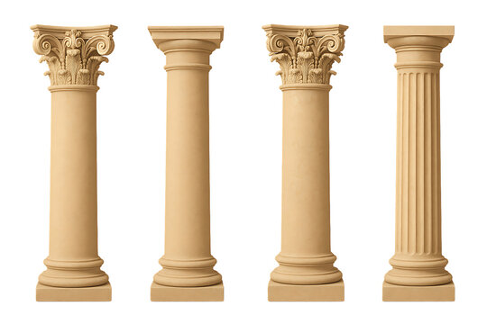 Set of mixed classical architectural columns featuring doric ionic and corinthian orders clean and detailed vertical support structures isolated on transparent background