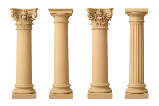 Set of mixed classical architectural columns featuring doric ionic and corinthian orders clean and detailed vertical support structures isolated on transparent background