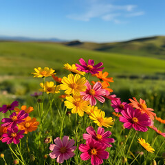 A vibrant bouquet of cosmos flowers in a field bathed in soft sunshine. The cosmos flowers display a stunning palette of colors, including deep purple, sunny yellow, fiery orange and soft pink, as the