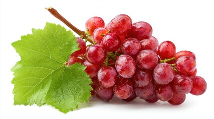 Fototapeta premium A cluster of fresh red grapes sits on a glossy green leaf, highlighting their juicy texture and vibrant color. Perfect for healthy diets, desserts, or garnishing dishes.