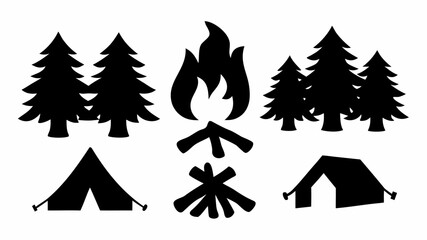 Obraz premium Silhouette of camping scene with tents, trees, and campfire, representing outdoor adventure and nature, ideally 100 | editable eps vectors