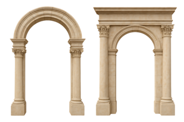Classic european archways in neoclassical style with carved capitals and symmetrical columns flanking historic stone gateways isolated on transparent background