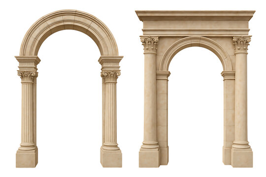 Classic european archways in neoclassical style with carved capitals and symmetrical columns flanking historic stone gateways isolated on transparent background - Powered by Adobe