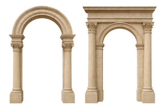 Classic european archways in neoclassical style with carved capitals and symmetrical columns flanking historic stone gateways isolated on transparent background