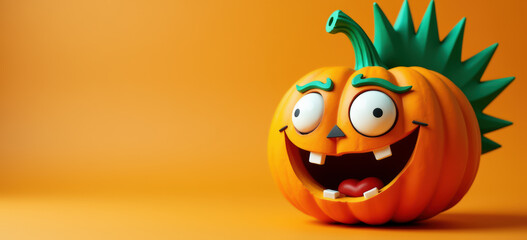 Cartoon pumpkin with green spikes in studio