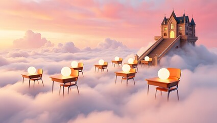 Surreal dreamscape with floating desks and castle chairs
