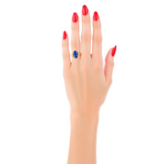 Elegant hand displaying a blue gemstone ring