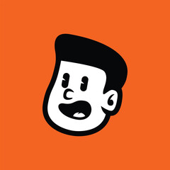 Retro cartoon face smiling with confidence. Bold black and white vector character on orange background. Great for branding, stickers, mascot, and playful visual identity