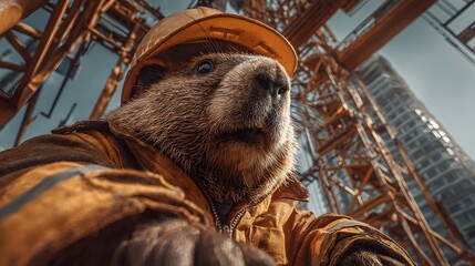 Beaver construction worker operating crane on urban building site