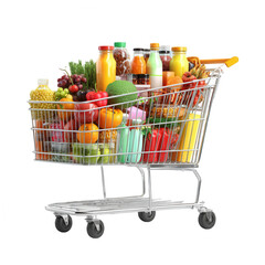 A metal shopping cart overflowing with a diverse selection of fresh produce, packaged juices, and other grocery items