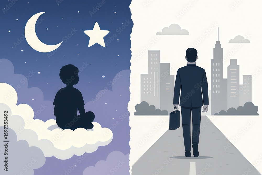 Poster the duality of dreams and ambitions captured in an abstract representation of a child's imagination 