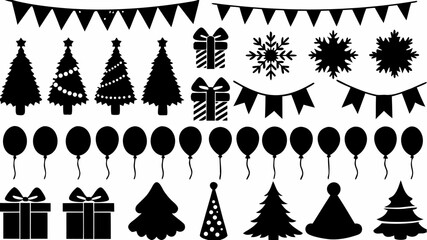 Black silhouettes of christmas trees, snowflakes, gifts, balloons, and party decorations on a white background | editable eps vectors