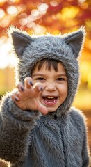 Child enjoying autumn in fluffy animal costume for halloween fun