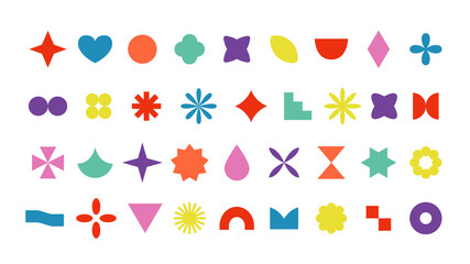 Set of trendy geometric simple flat shapes, y2k mood, vector illustration. The 70s, 80s, groovy, hippie vibes. Bright colorful design elements for motion design. Pop art background