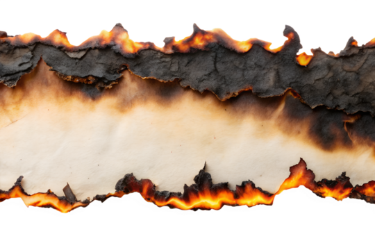 A closeup of burnt paper with flames along the edge isolated on a transparent background