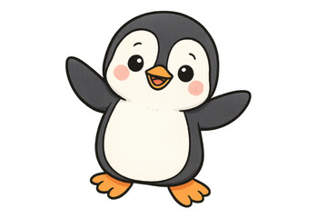 Cartoon penguin spreading wings, welcoming with bright smile, radiating playful charm for kid-friendly graphic design and illustrations