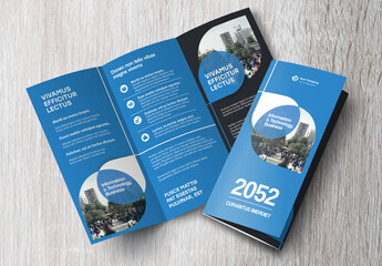 Corporate brochure design template – Professional modern tri-fold leaflet with geometric layout and business theme in Blue and Black.