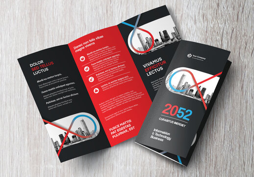Corporate brochure design template &ndash; Professional modern tri-fold leaflet with geometric layout and business theme in Red and Black.