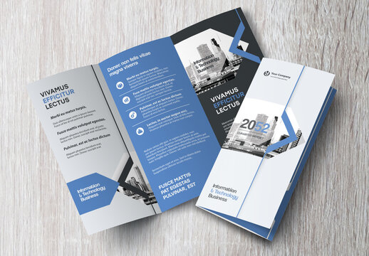 Corporate brochure design template &ndash; Professional modern tri-fold leaflet with geometric layout and business theme in Blue and Black.