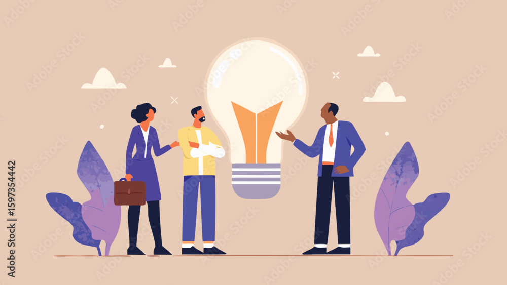 Poster business team having a discussion around a large lightbulb representing a new idea and innovation