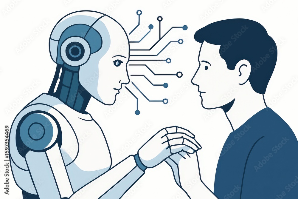 Poster a profound interaction between a humanoid robot and a male figure showcasing the future of technolog