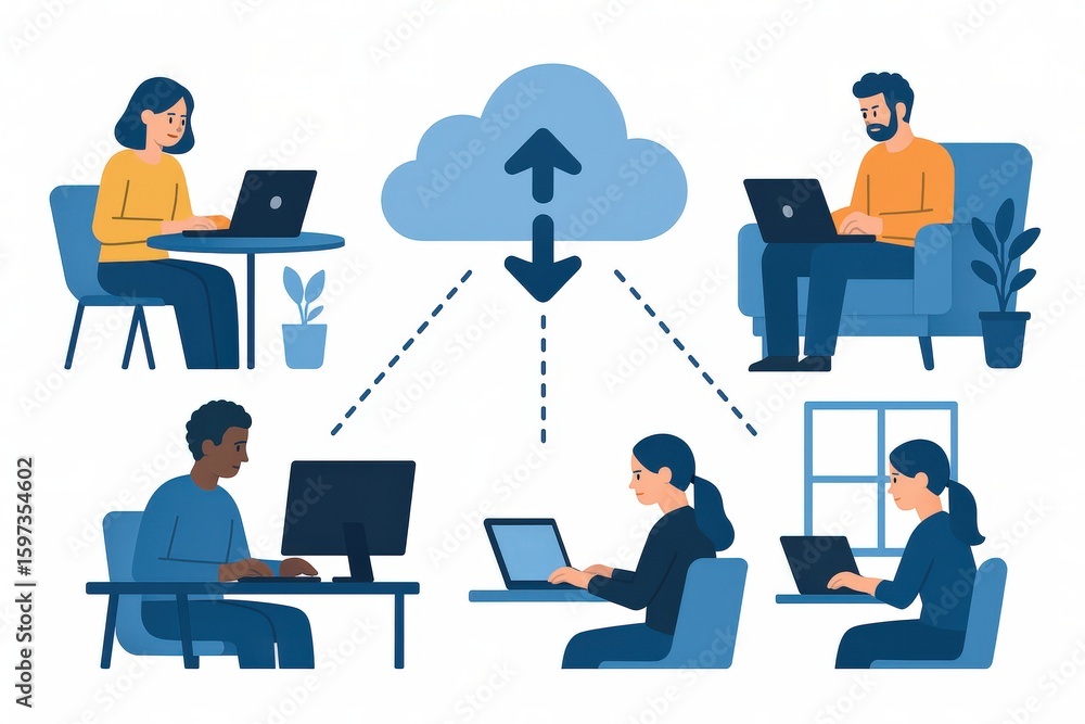Aufkleber collaborative remote work environment illustrating diverse individuals engaged in digital tasks inte
