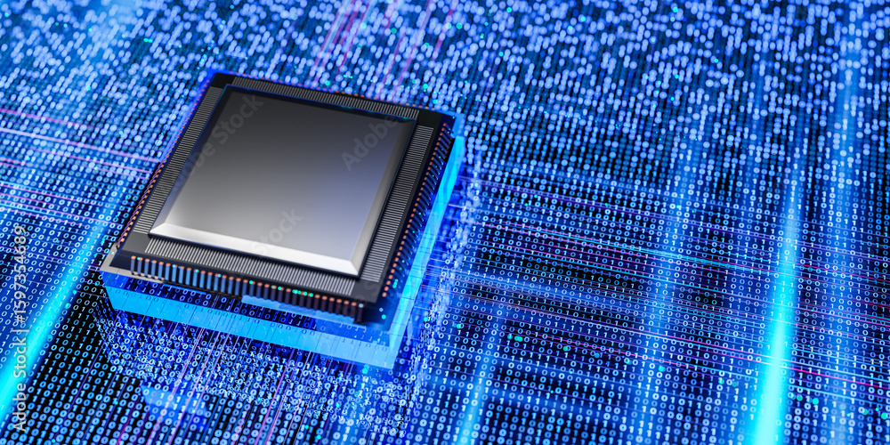 Poster digital processor chip with binary code background, big data, artificial intelligence, high performa