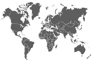 Detailed world map showing continents and country borders in gray against a white background displaying geography | editable eps vectors silhouette