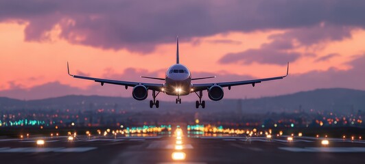 The airplane approaches landing at twilight on a vibrant runway.
