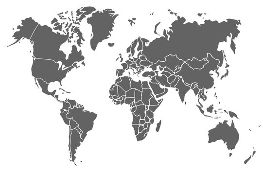 A gray world map showing continents and countries with distinct borders displayed on a white background | editable eps vectors silhouette