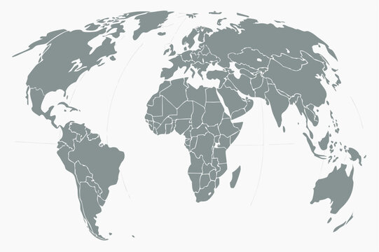 Gray world map showing continents and country borders on a white background in robinson projection view | editable eps vectors silhouette