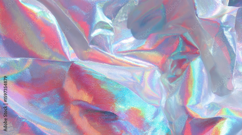 Poster a close-up view of shiny, iridescent fabric featuring a spectrum of colors. the smooth surface creat