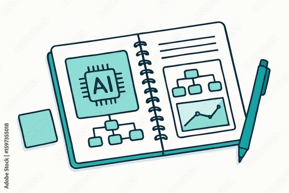 Poster ai framework elaboration in creative notebook showcasing digital flowcharts and analytical imagery r