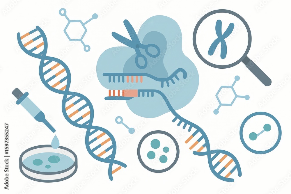 Poster comprehensive visualization of molecular biology illustrating dna strands with scientific instrument