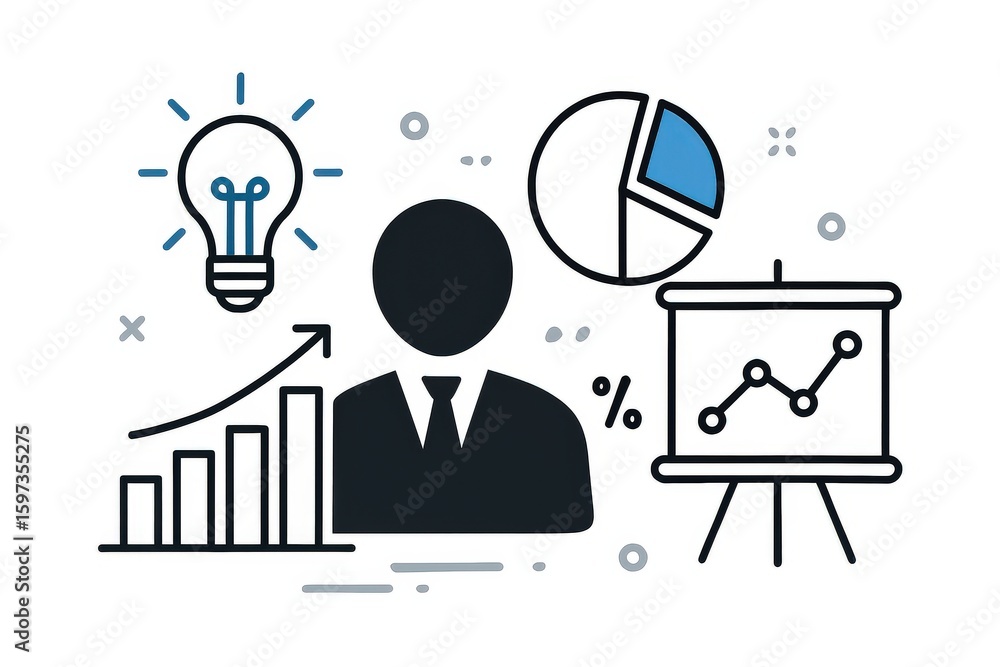 Poster professional individual surrounded by analytical data visualizations and business strategies demonst