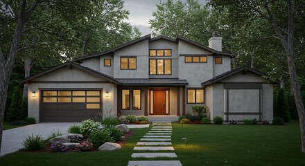 A contemporary house with a garage and a stone pathway leading to the front door, set against a backdrop of green trees and a wellmaintained lawn