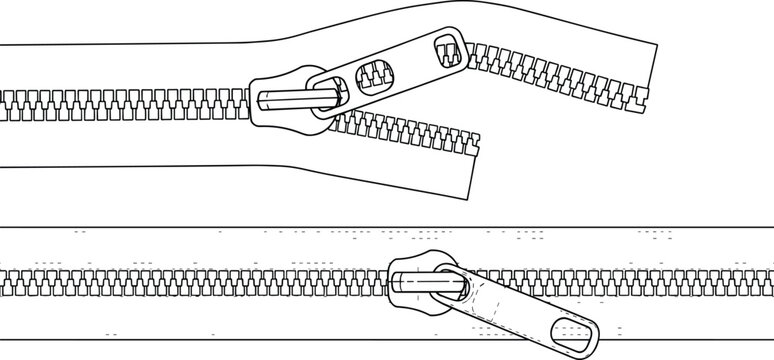 Zipper technical flat sketch, CAD drawing of open and closed zipper, garment hardware vector illustration, fashion accessory detail, zipper puller design template