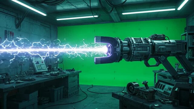 High-tech energy weapon firing in futuristic lab setting