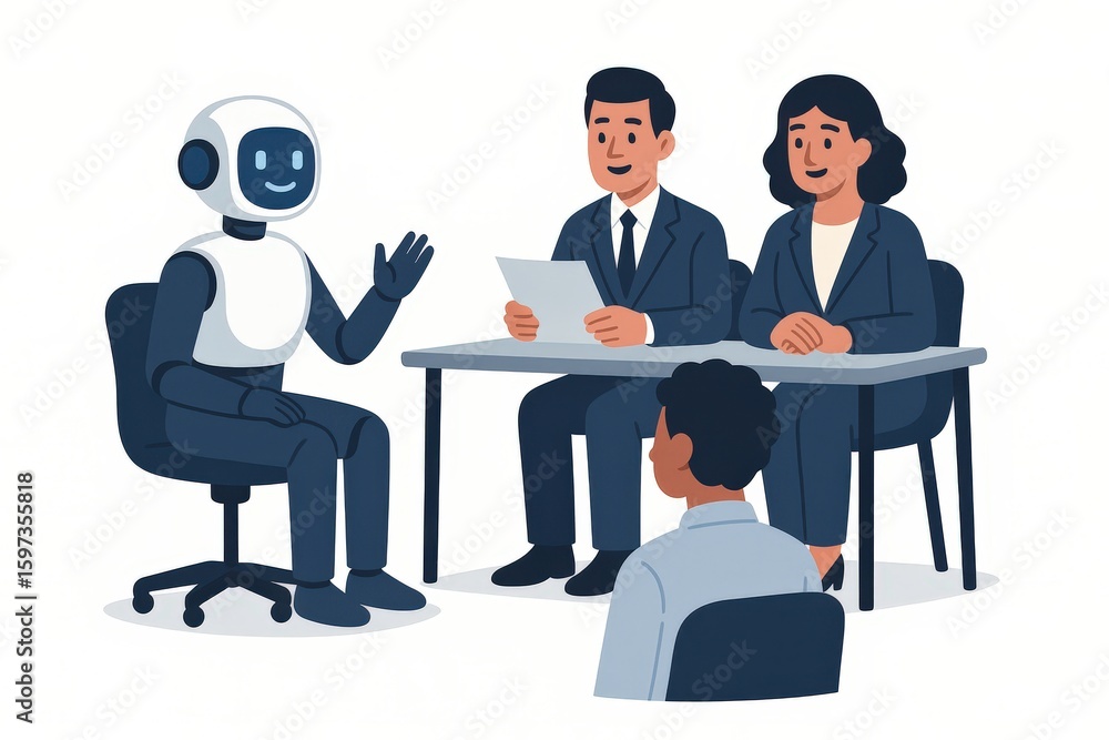 Poster engaging conversation at a futuristic interview where a friendly robot interacts with human professi