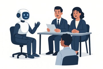 Engaging conversation at a futuristic interview where a friendly robot interacts with human professionals demonstrating the blend of technology and human potential in modern workplaces