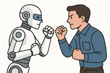 Conflict of human and robotic ideologies captured in a conceptual showdown between a man and a humanoid robot emphasizing the tension between technology and individuality