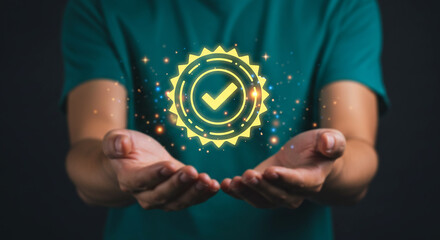 Quality Assurance: Person gently cradling a quality badge representing customer service and satisfaction. Illustrating concept of reliability, standard, service and guarantee.