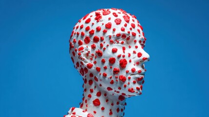 A striking sculpture resembling a human face, coated in red dots, stands against a bright blue background. The artwork evokes emotions of contrast and intrigue, highlighting creativity.