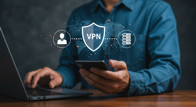 VPN Protection: A person using a laptop and smartphone with a virtual private network (VPN) icon indicating secure, encrypted online connection, signifying digital safety in modern world.