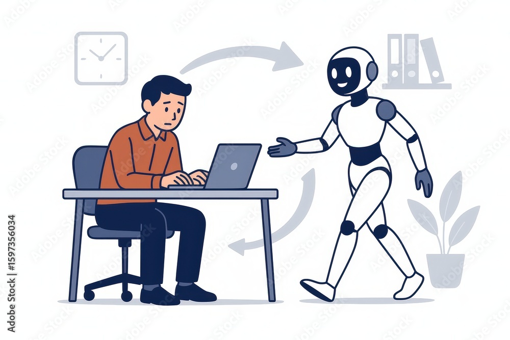 Aufkleber a thoughtful young man engaged with a laptop while an inviting humanoid robot approaches with playfu