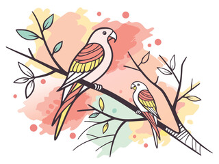 Hand drawn parrots on a branch with leaves. Vector illustration.