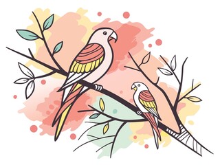 Hand drawn parrots on a branch with leaves. Vector illustration.