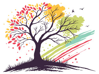 beautiful tree on a background of the autumn landscape, vector illustration