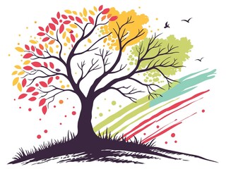 beautiful tree on a background of the autumn landscape, vector illustration