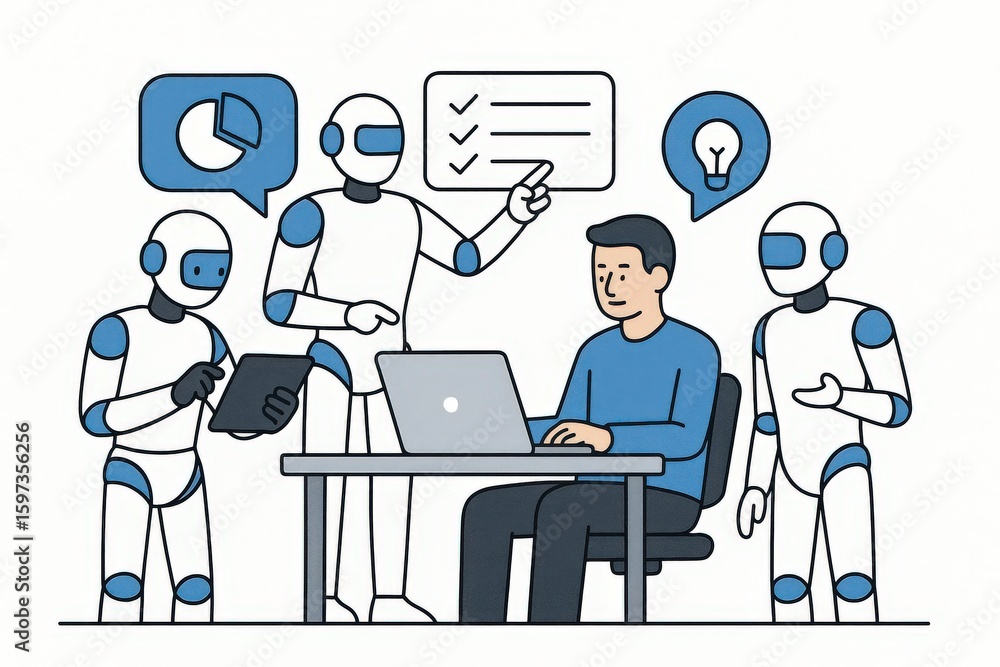 Poster engaging futuristic workspace featuring collaborative robots strategizing with a human professional 